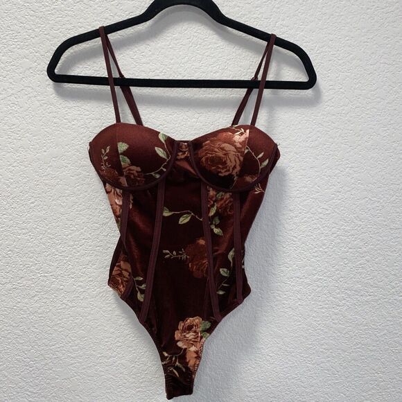Willow Velvet Floral Maroon Burgundy Padded Cups Bodysuit XS - Picture 1 of 6